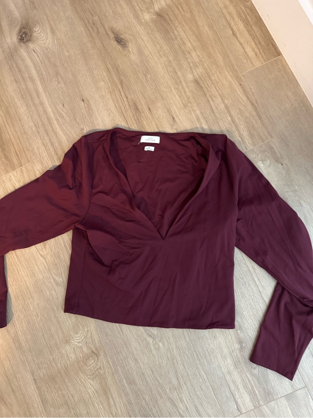 Aritzia Deep Burgundy V-Neck Long Sleeve Blouse contour